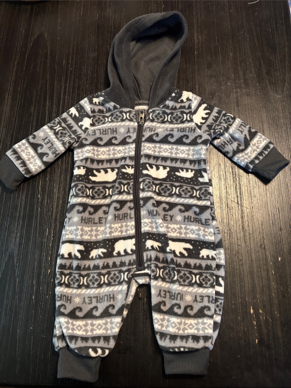 Hurley Gray and White Fleece Hooded Baby One-Piece